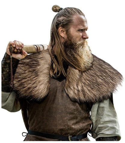 L'VOW Men's Viking Fur Collar Medieval Renaissance Wrap King Warrior Cape Shawl Halloween LARP Winter Cosplay Costume Brown-1