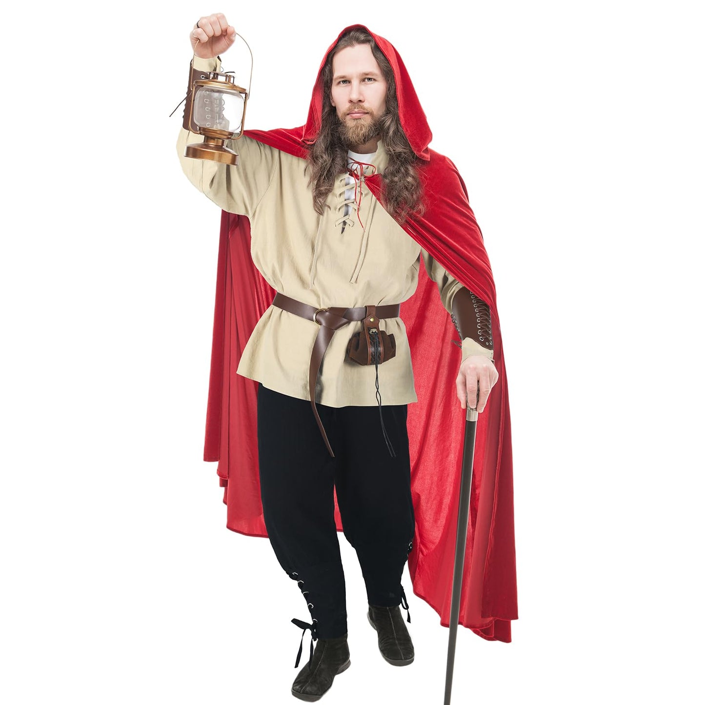 Jeyiour Men's Renaissance Costume Set Medieval Shirt Pirate Outfit Cosplay Viking Ankle Pants Belt Pouch Armband Beige Large