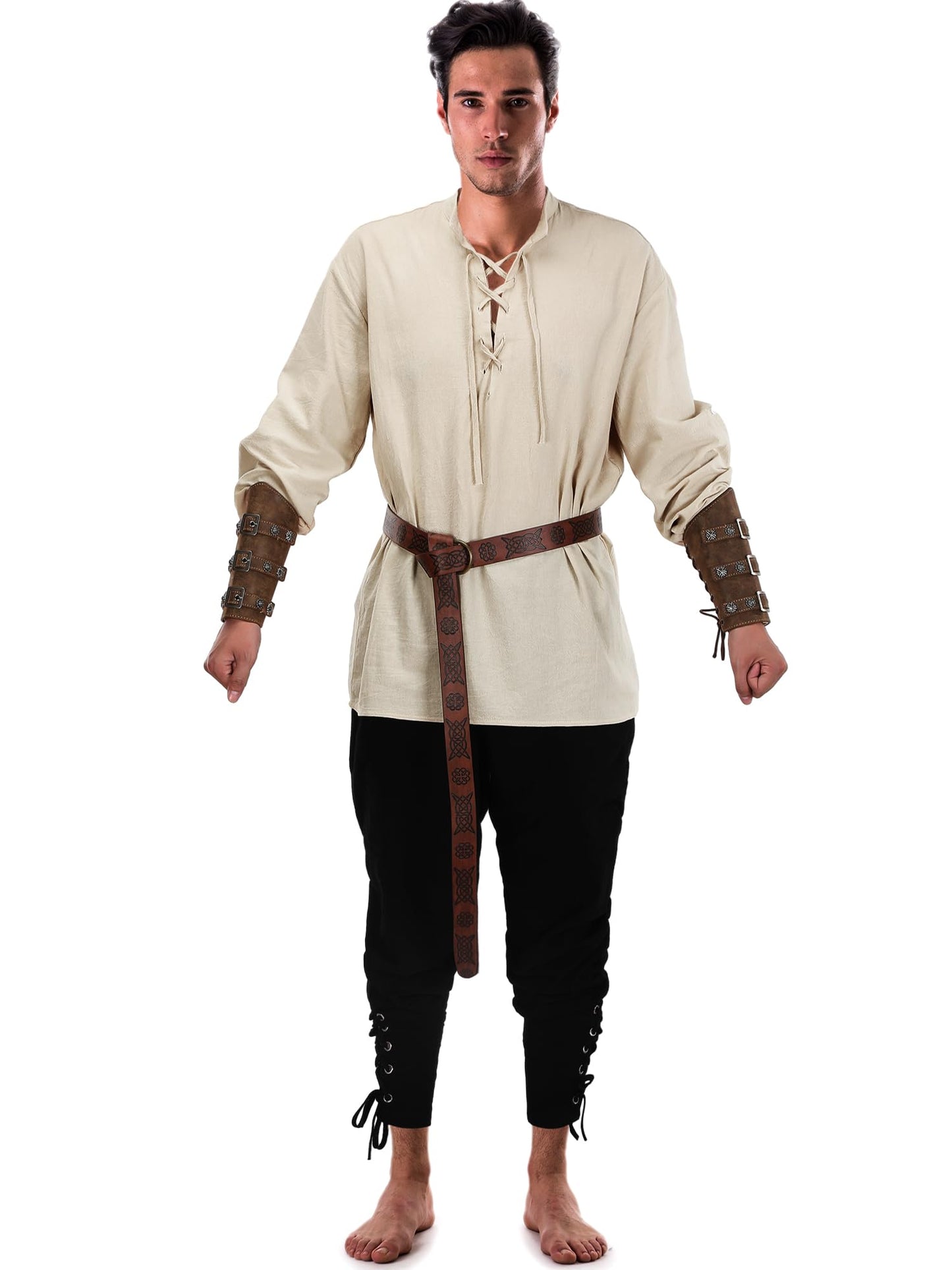 Jiuguva 4 Pcs Halloween Men's Renaissance Costume Set Medieval Pirate Shirt Ankle Banded Pants Viking Belt Accessories Classic Color Large
