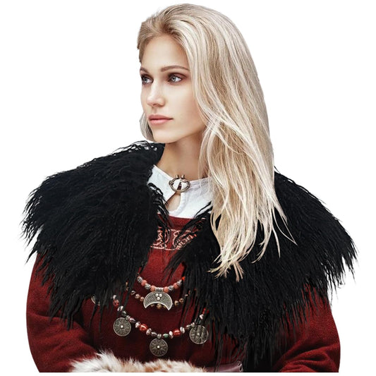 L'VOW Viking Queen Faux Woolen Fur Collar Shoulder Wrap Warrior Cape for Women LARP GoT Party Halloween Costume Black