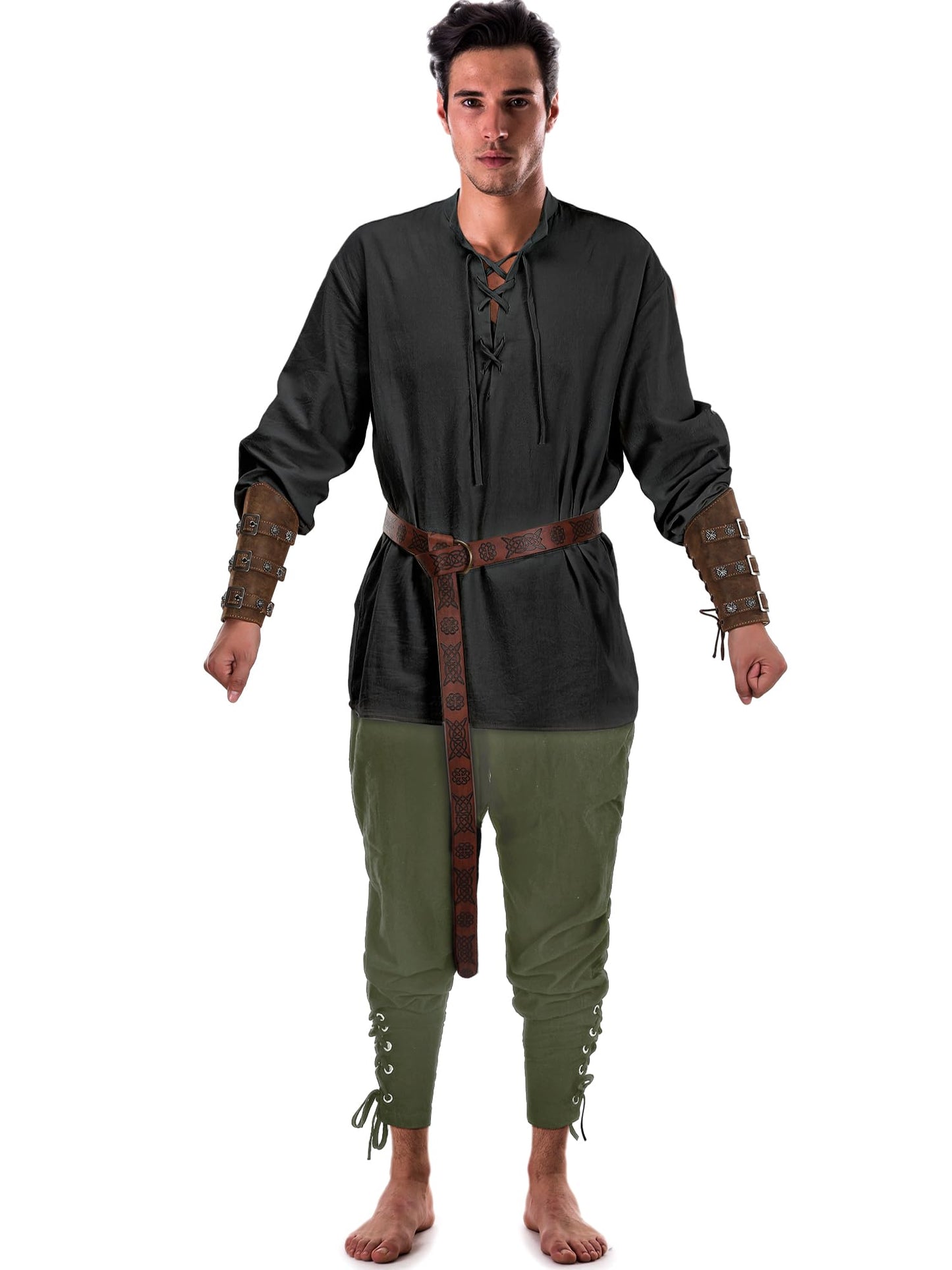 Jiuguva 4 Pcs Halloween Men's Renaissance Costume Set Medieval Pirate Shirt Ankle Banded Pants Viking Belt Accessories Classic Color Small