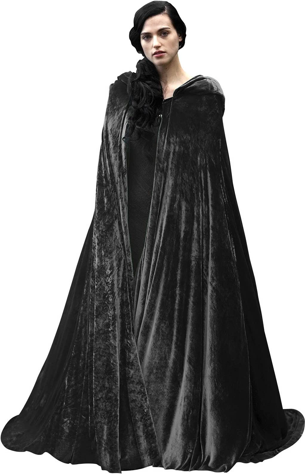 HOMELEX Black Witch Velvet Cloak Halloween Maleficent Hooded Cape Queen King Robe Outfit Renaissance Medieval Costume Green