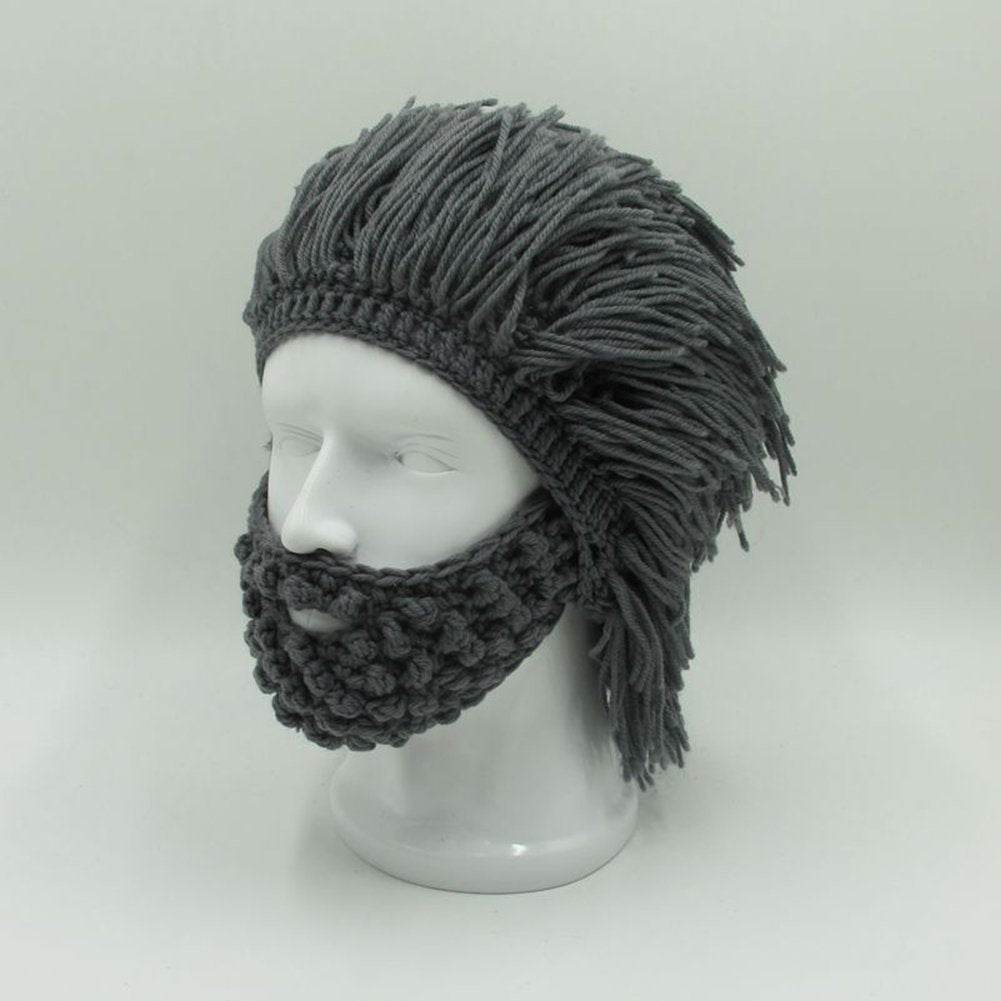 MerryJuly Men's Head Barbarian Vagabond Beanie Original Foldaway Beard Hats Viking Horns Bearded Caps One Size Viking Horns&brown Beard