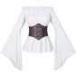 Irtysh Womens Renaissance Victorian Peasant Ruffle Smocked Waist Boho Pirate Shirt Blouse With Belt Set X-Large White