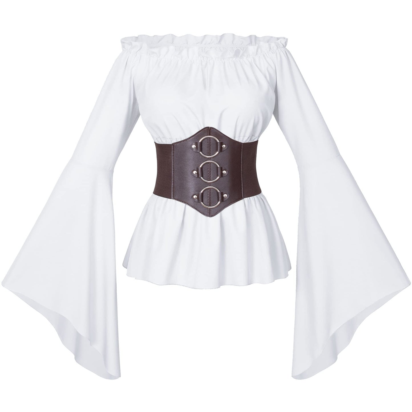 Irtysh Womens Renaissance Victorian Peasant Ruffle Smocked Waist Boho Pirate Shirt Blouse With Belt Set X-Large White