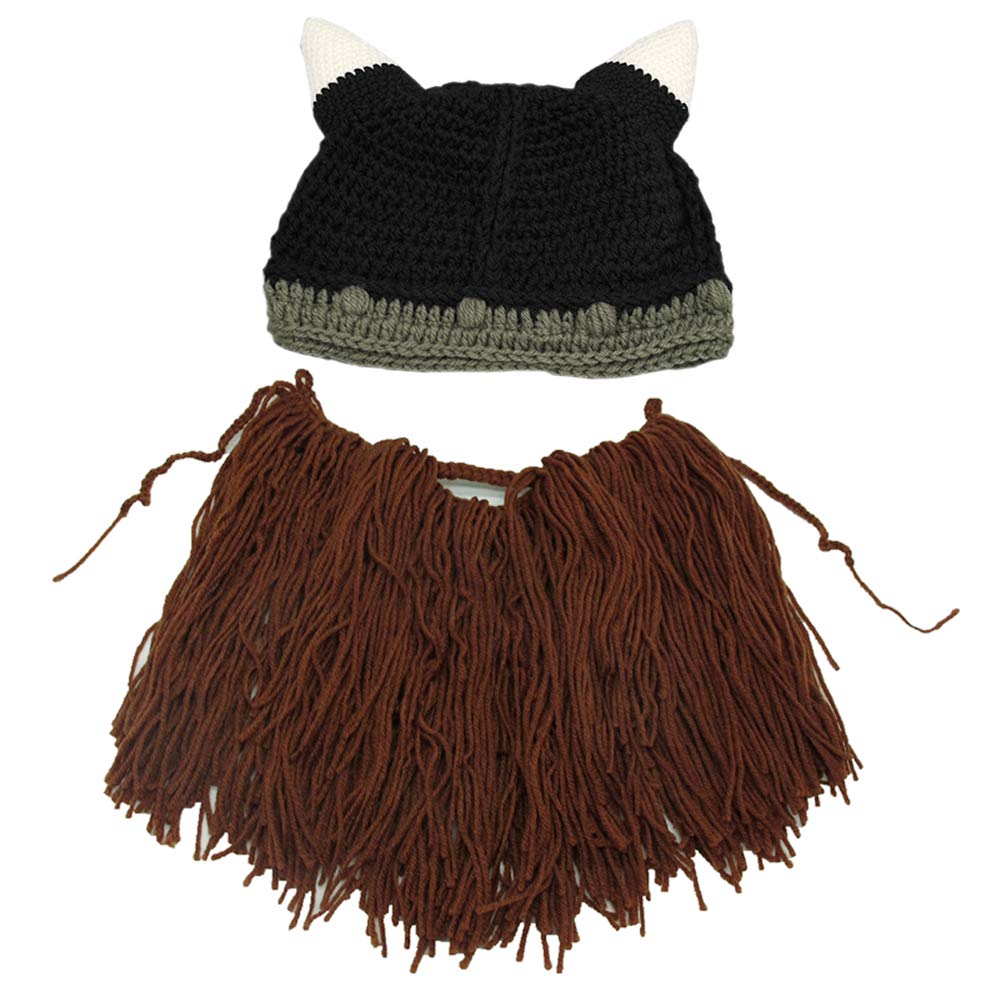 MerryJuly Men's Head Barbarian Vagabond Beanie Original Foldaway Beard Hats Viking Horns Bearded Caps One Size Viking Horns&brown Beard