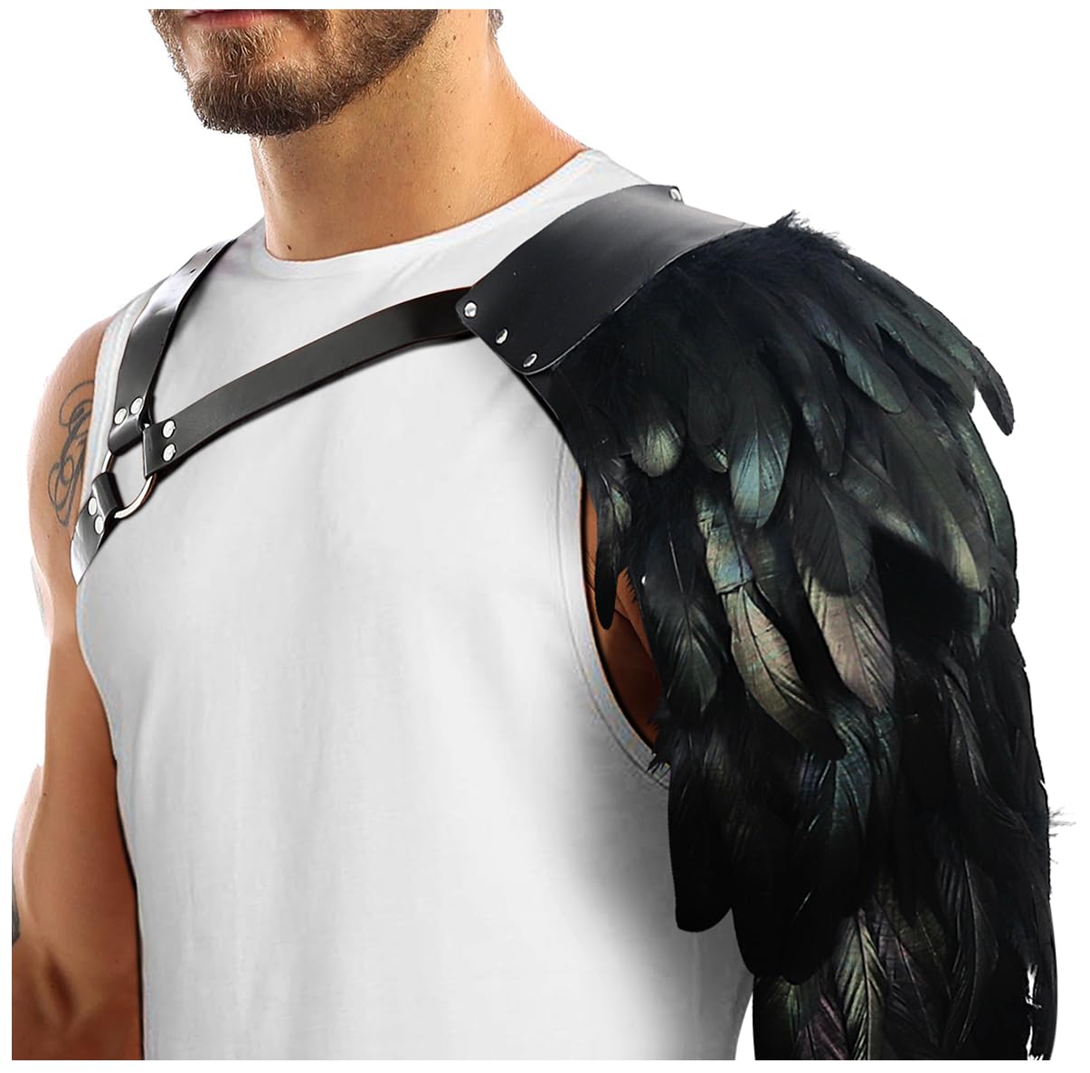 L'VOW Gothic Feather Harness Costume for Men Adjustable Faux PU Leather Shoulder Armor Medieval Guards for Halloween Cosplay Black