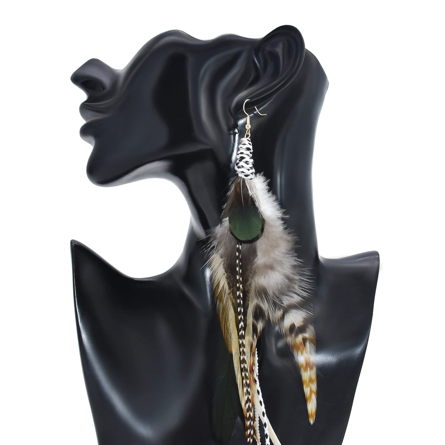 Punk Vintage Long Tassel Feather Beads Drop Wolf Tooth Pendant Earring Fish Hook Earrings Brown A