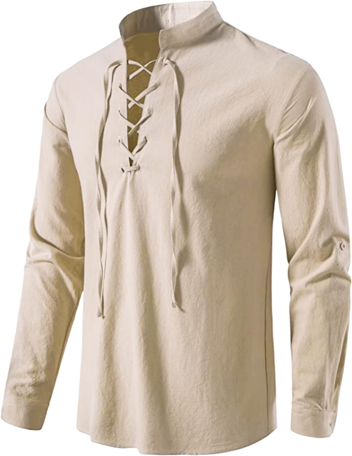Men's Long Sleeve Shirts Retro Style Lace up for Medieval,Viking,Hippie Halloween Cosplay Pirate Renaissance Costume Small Khaki