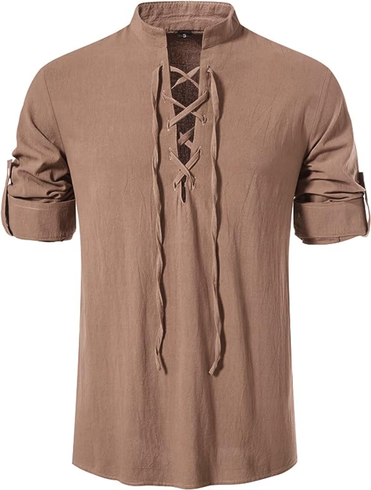 Men's Long Sleeve Shirts Retro Style Lace up for Medieval,Viking,Hippie Halloween Cosplay Pirate Renaissance Costume Small Khaki
