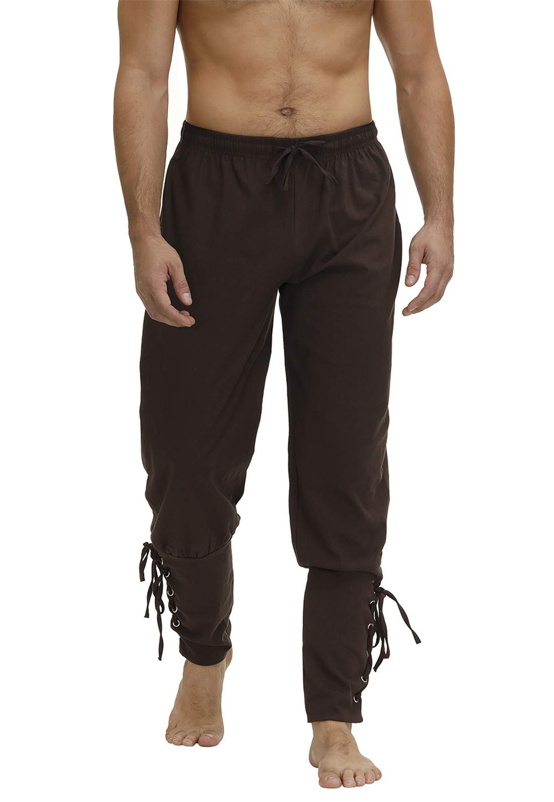 Men's Ankle Banded Cuff Renaissance Pants Medieval Viking Navigator Trousers Pirate Cosplay Costume with Drawstrings Medium Brown