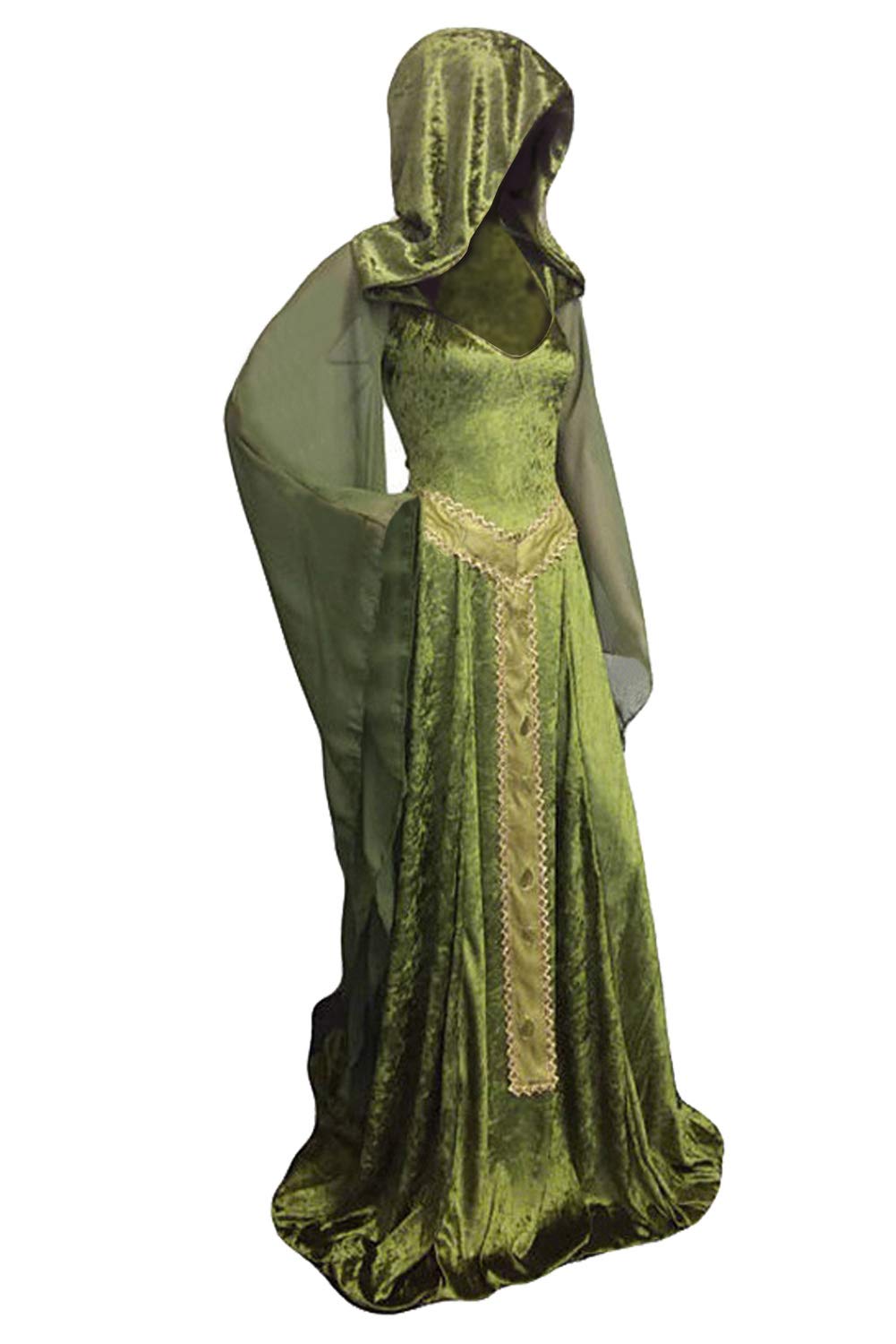Medieval Velvet Lace Up Back Trumpet Sleeves Hooded Gown