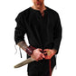 Men's Fashion Cotton Linen Shirt Long Sleeve Solid Color Ethnic Beach Yoga Top X-Large Black