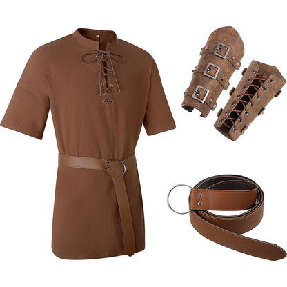 Jeyiour 3 Pcs Renaissance Costume Men Medieval Viking Tunic Knight Costume Faux Leather Arm Guards and Belt Viking Shirts Brown Medium