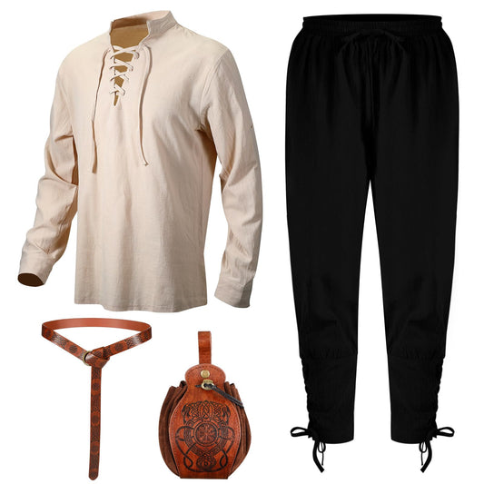 Xtinmee 4 Pcs Halloween Medieval Viking Costume Include Lace up Long Sleeve Shirts Cuff Renaissance Pants Leather Belt Pouch Beige, Black, Coffee X-Large