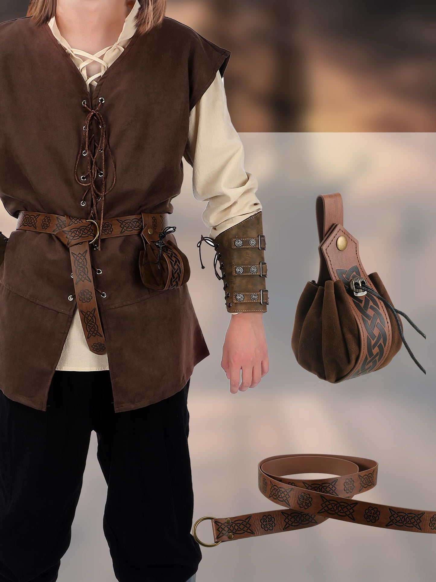 Suhine 6 Pcs Men's Renaissance Costume Set Medieval Vest Shirt Ankle Banded Pants Viking Belt Armband Pouch Medium
