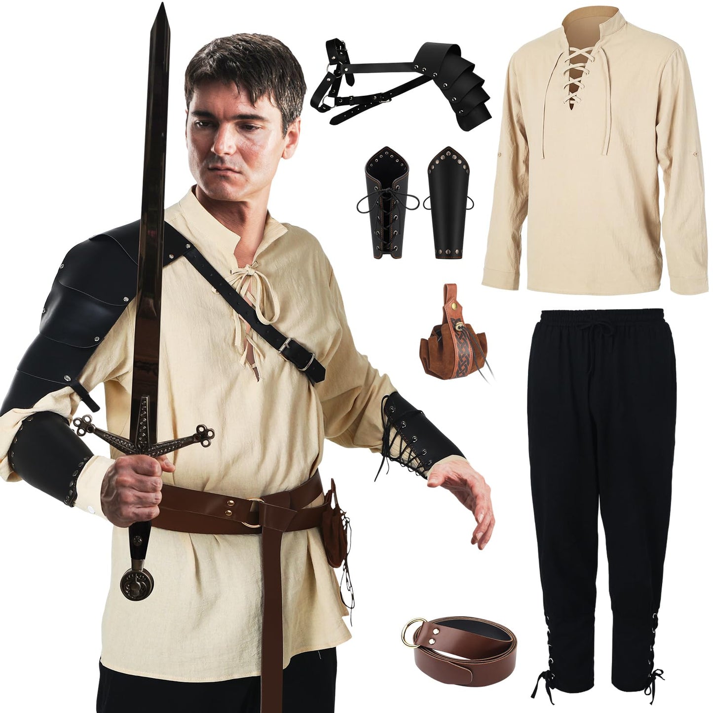 Jeyiour Men's Renaissance Costume Set Medieval Shirt Pirate Outfit Cosplay Viking Ankle Pants Belt Pouch Armband Beige, Black X-Large
