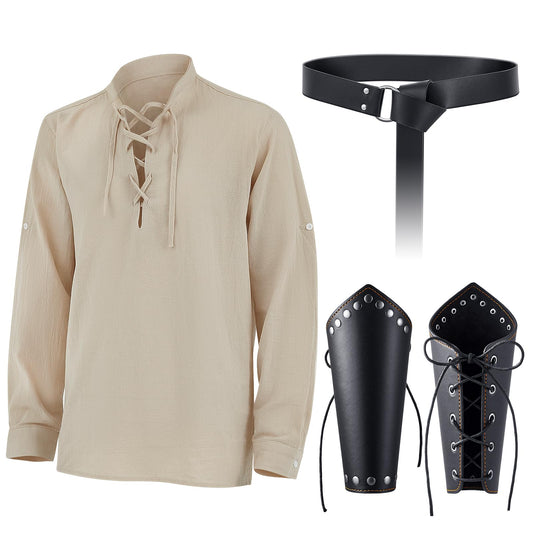 3 Set Men's Linen Long Sleeve Shirt Knight Belt Leather Gauntlet Wristband Set