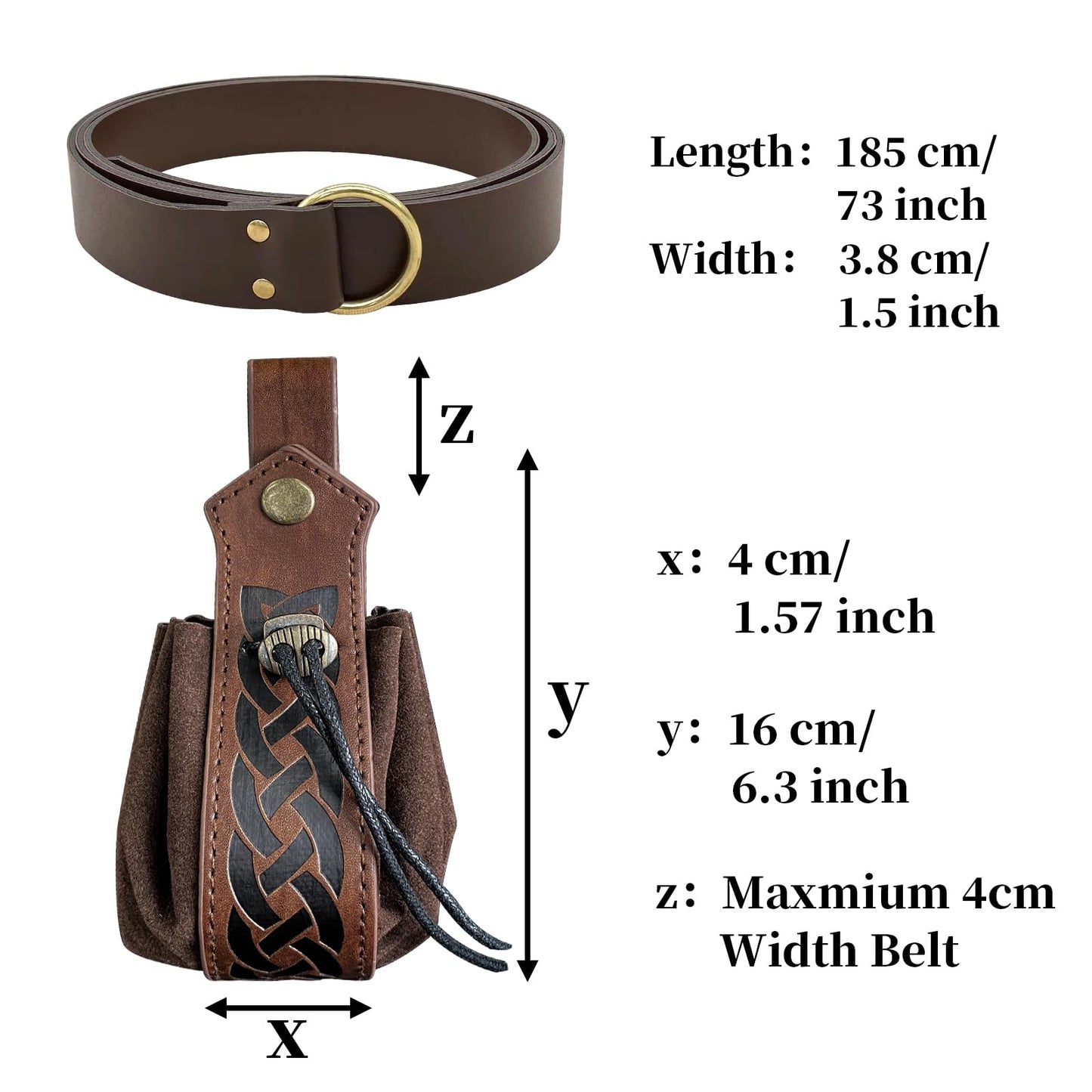 HiiFeuer Medieval O Ring Belt with Portable Drawstring Pouch, Retro Renaissance Faux Leather Belt and Purse Set for LARP Brown C