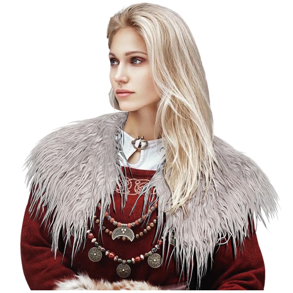 L'VOW Viking Queen Faux Woolen Fur Collar Shoulder Wrap Warrior Cape for Women LARP GoT Party Halloween Costume Grey