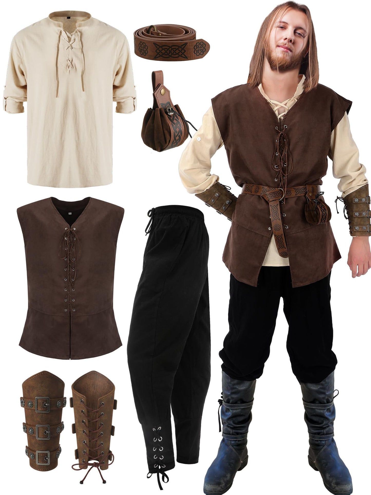 Suhine 6 Pcs Men's Renaissance Costume Set Medieval Vest Shirt Ankle Banded Pants Viking Belt Armband Pouch Medium