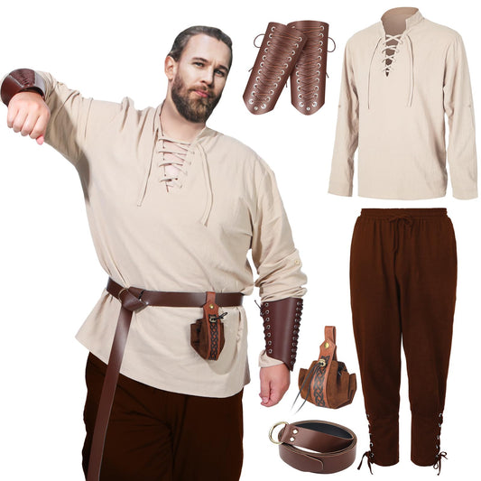 Jeyiour Men's Renaissance Costume Set Medieval Shirt Pirate Outfit Cosplay Viking Ankle Pants Belt Pouch Armband Beige, Brown Large