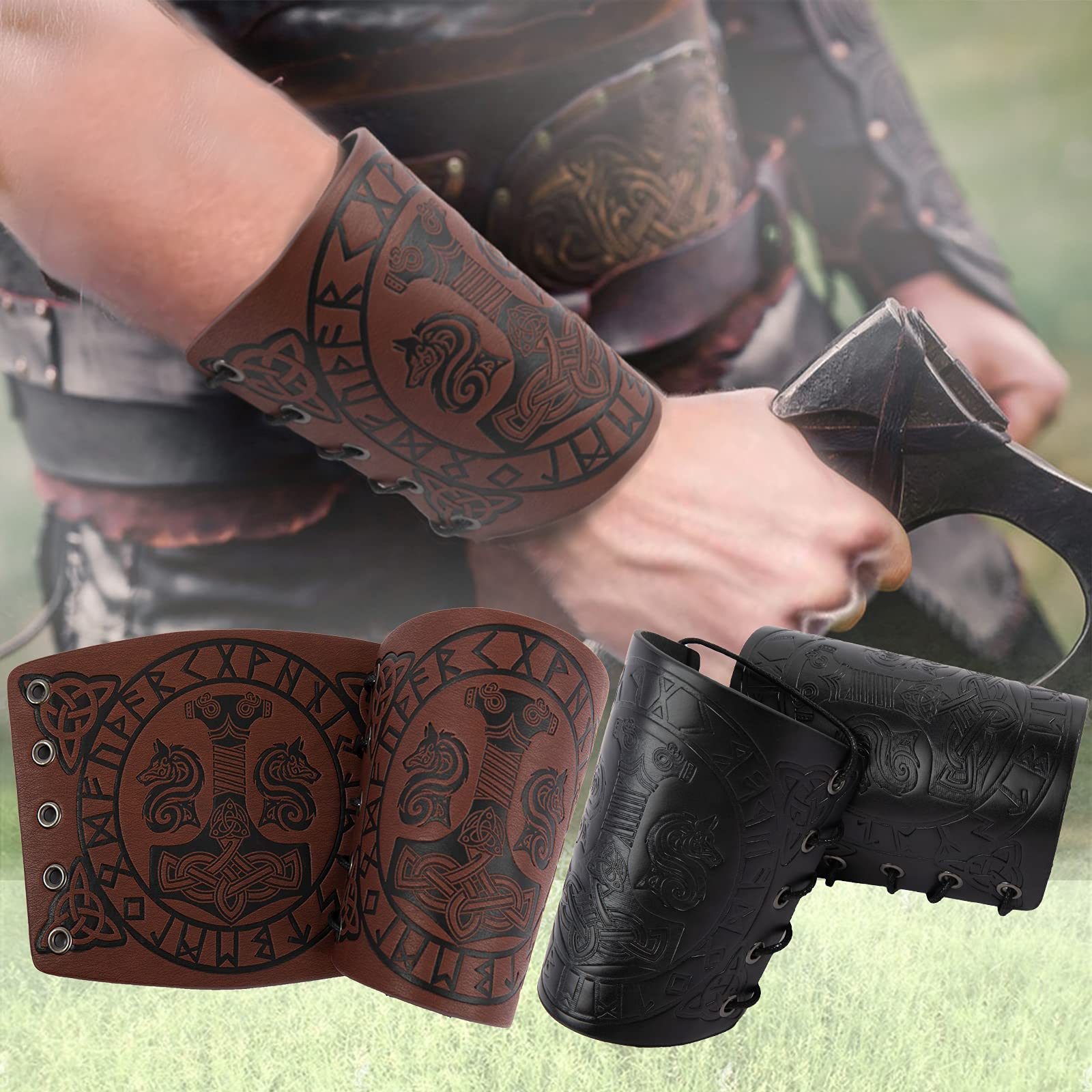 Viking Embossed Leather Bracers Shieldmaiden. Available in