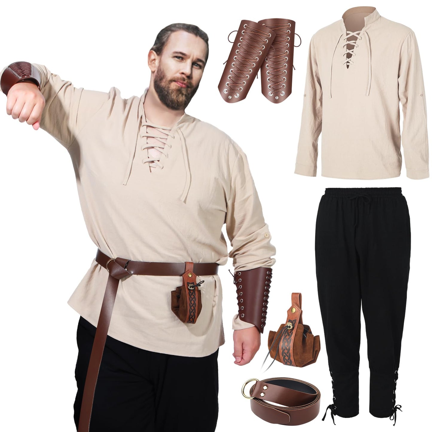 Jeyiour Men's Renaissance Costume Set Medieval Shirt Pirate Outfit Cosplay Viking Ankle Pants Belt Pouch Armband Beige, Black X-Large
