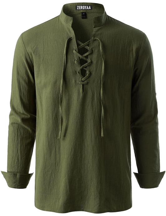 ZEROYAA Men's Medieval Vintage Long Sleeve Lace Up Shirt Renaissance Costume for Halloween Viking Pirate Cosplay X-Large Army Green