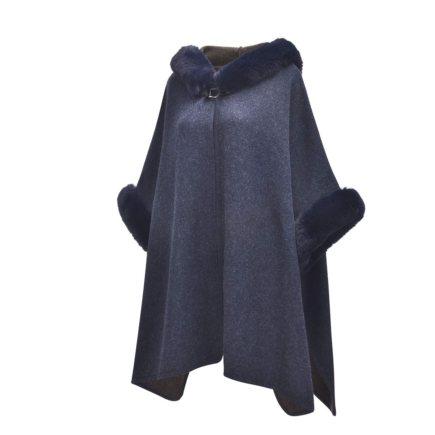 Women Winter Fashion Faux Fur Trim Layers Hooded Cardigan Warm Cape Sweater Cloak Navy