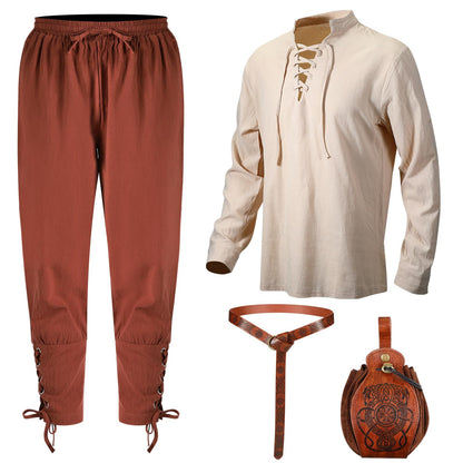 Xtinmee 4 Pcs Halloween Medieval Viking Costume Include Lace up Long Sleeve Shirts Cuff Renaissance Pants Leather Belt Pouch Beige, Brown, Coffee Large