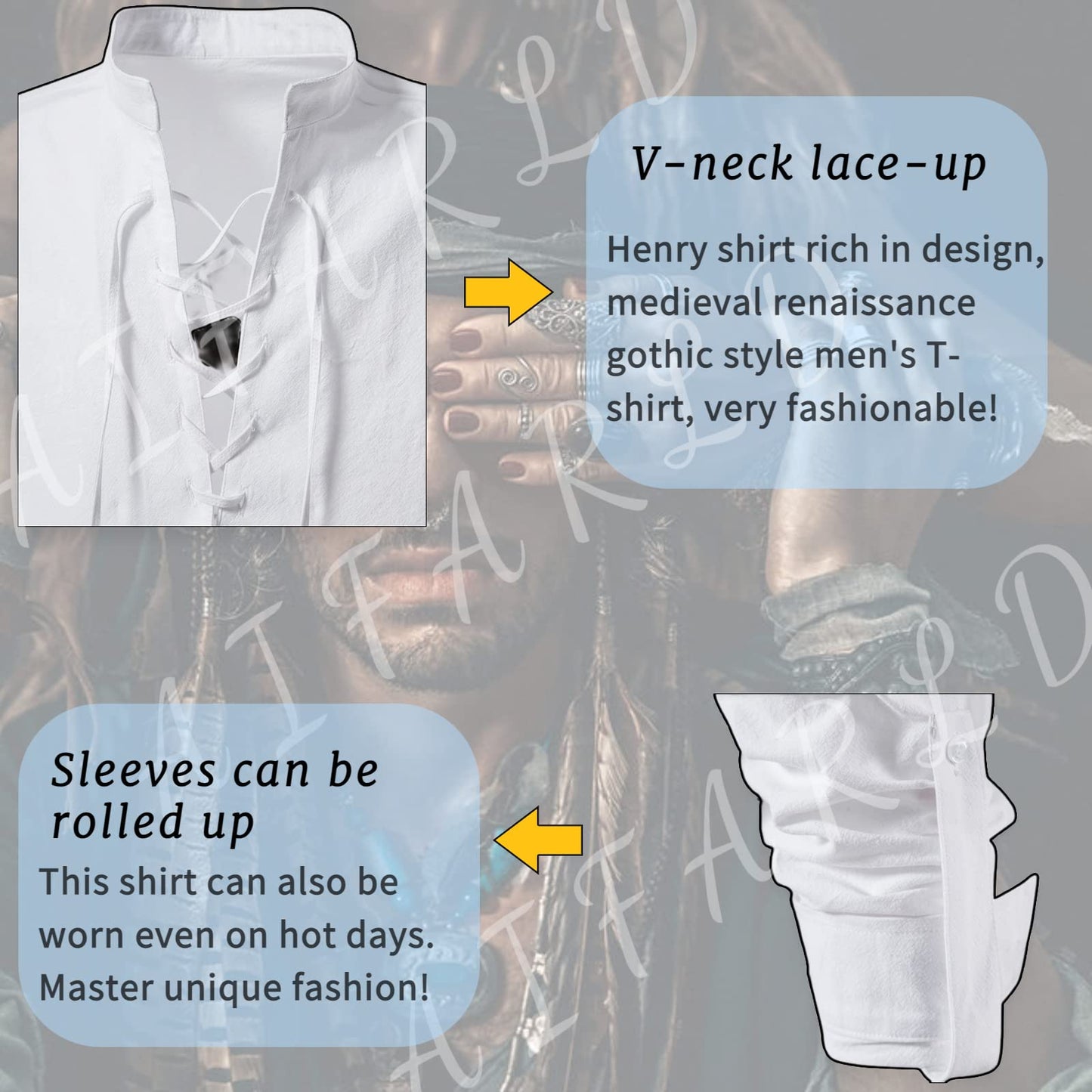 Men's Long Sleeve Shirts Retro Style Lace up for Medieval,Viking,Hippie Halloween Cosplay Pirate Renaissance Costume Large White