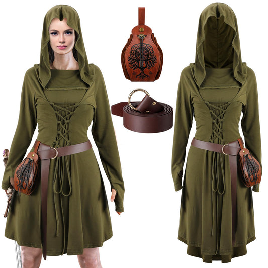 Toulite Women Halloween Renaissance Costume Hooded Dress Viking Belt Medieval Leather Drawstring Pouch Steampunk Belt (Army Green,X-Large) X-Large Army Green