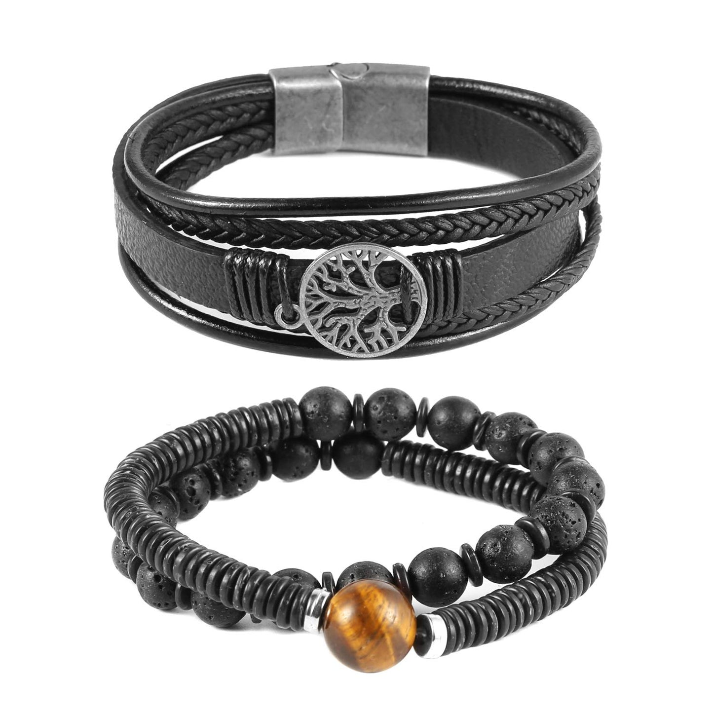 HZMAN Genuine Leather Tree of life Bracelets Men Women, Tiger Eye Natural Stone Lava Rock Beads Ethnic Tribal Elastic Bracelets Wristbands Classic Set