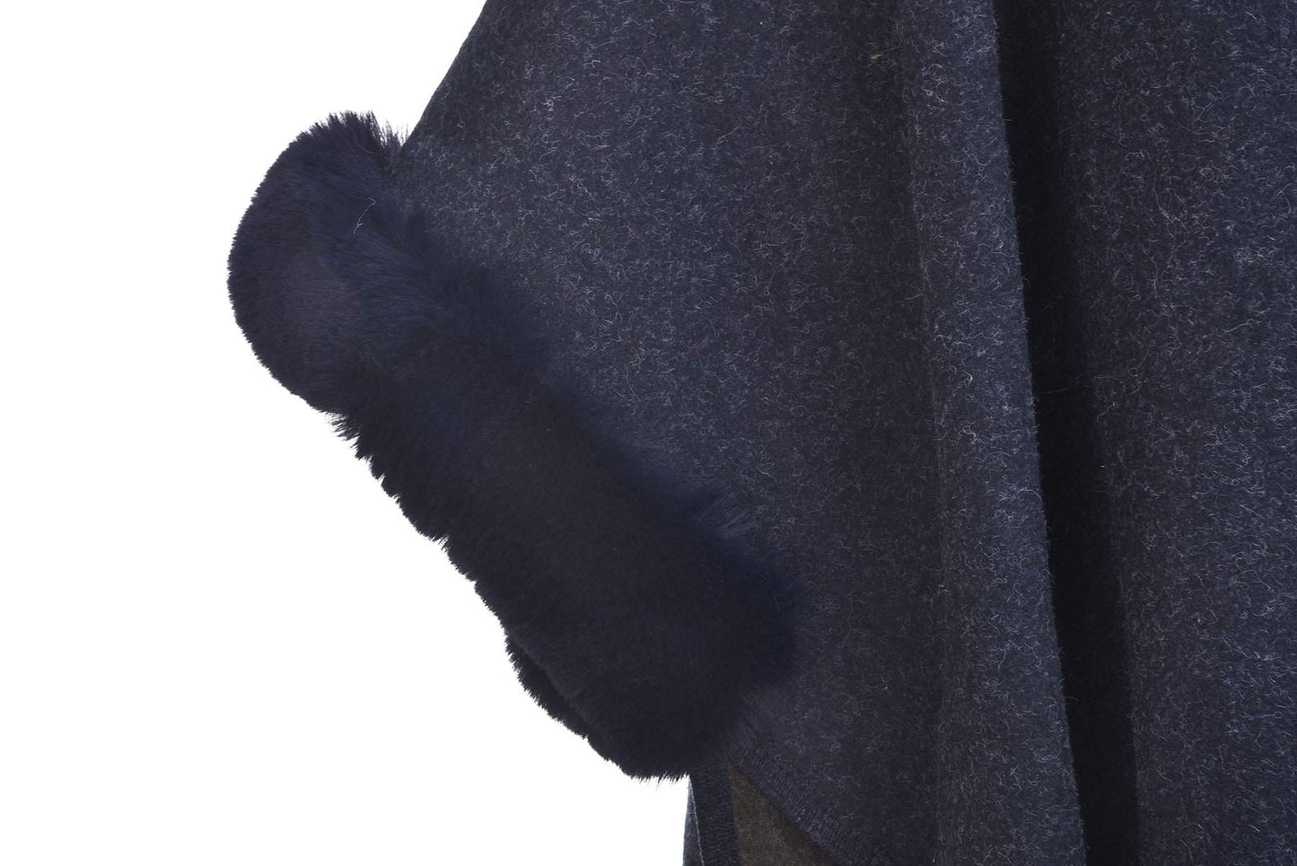 Women Winter Fashion Faux Fur Trim Layers Hooded Cardigan Warm Cape Sweater Cloak Navy
