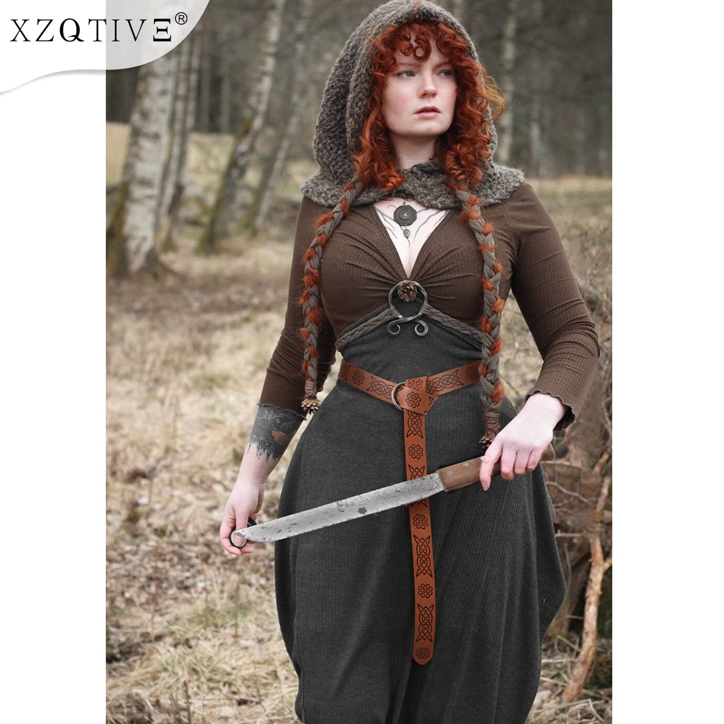 XZQTIVE Medieval Viking Belt for Men Embossed Leather Renaissance Knight Belt O Ring Costume Belts 0 Black Fit waist upto 56in