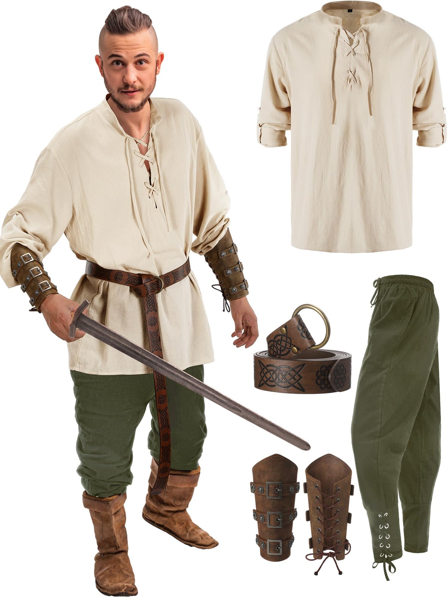 Jiuguva 4 Pcs Halloween Men's Renaissance Costume Set Medieval Pirate Shirt Ankle Banded Pants Viking Belt Accessories Stylish Color XX-Large