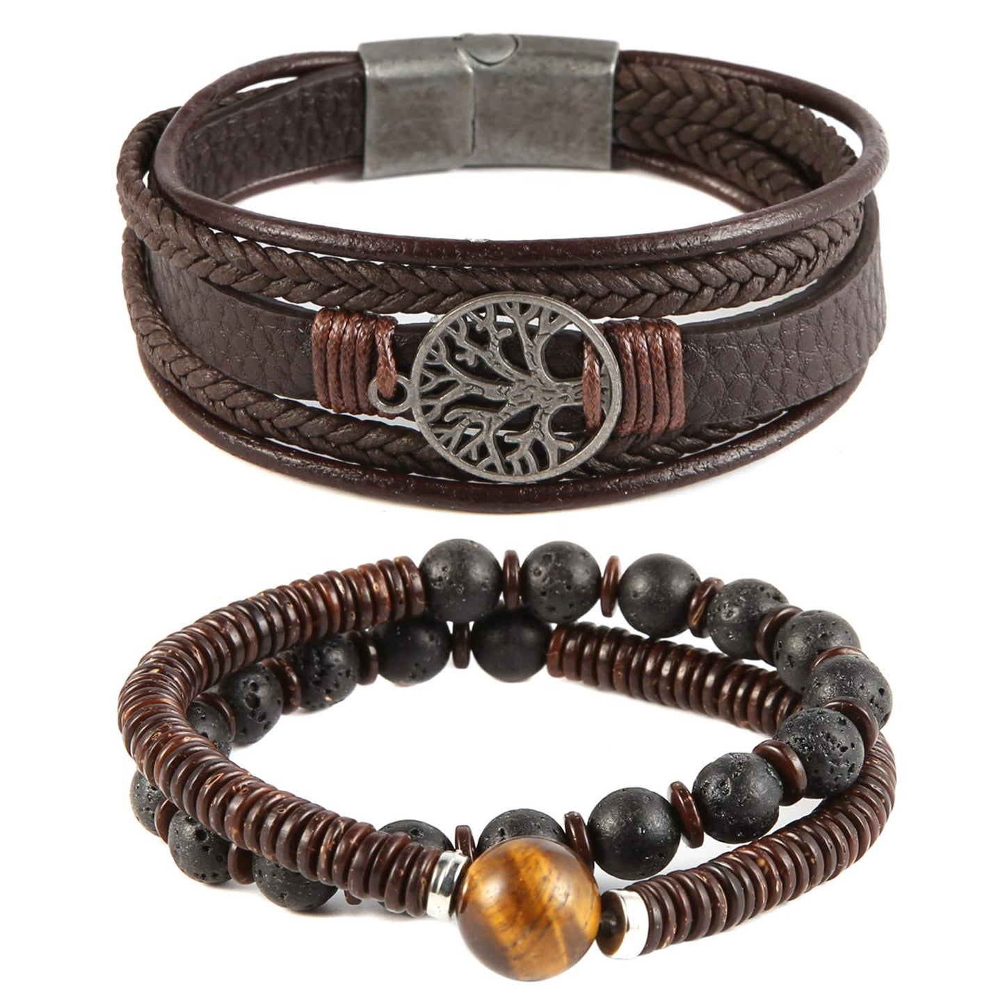 HZMAN Genuine Leather Tree of life Bracelets Men Women, Tiger Eye Natural Stone Lava Rock Beads Ethnic Tribal Elastic Bracelets Wristbands Classic Set