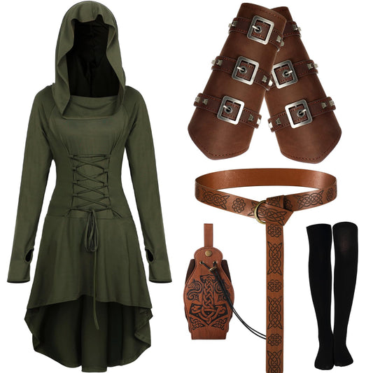 Suhine 5 Pcs Renaissance Women Costume Medieval Hooded Robe Vintage Faux Leather Arm Pouch Belt Carnival World Book Day Dark Green XX-Large