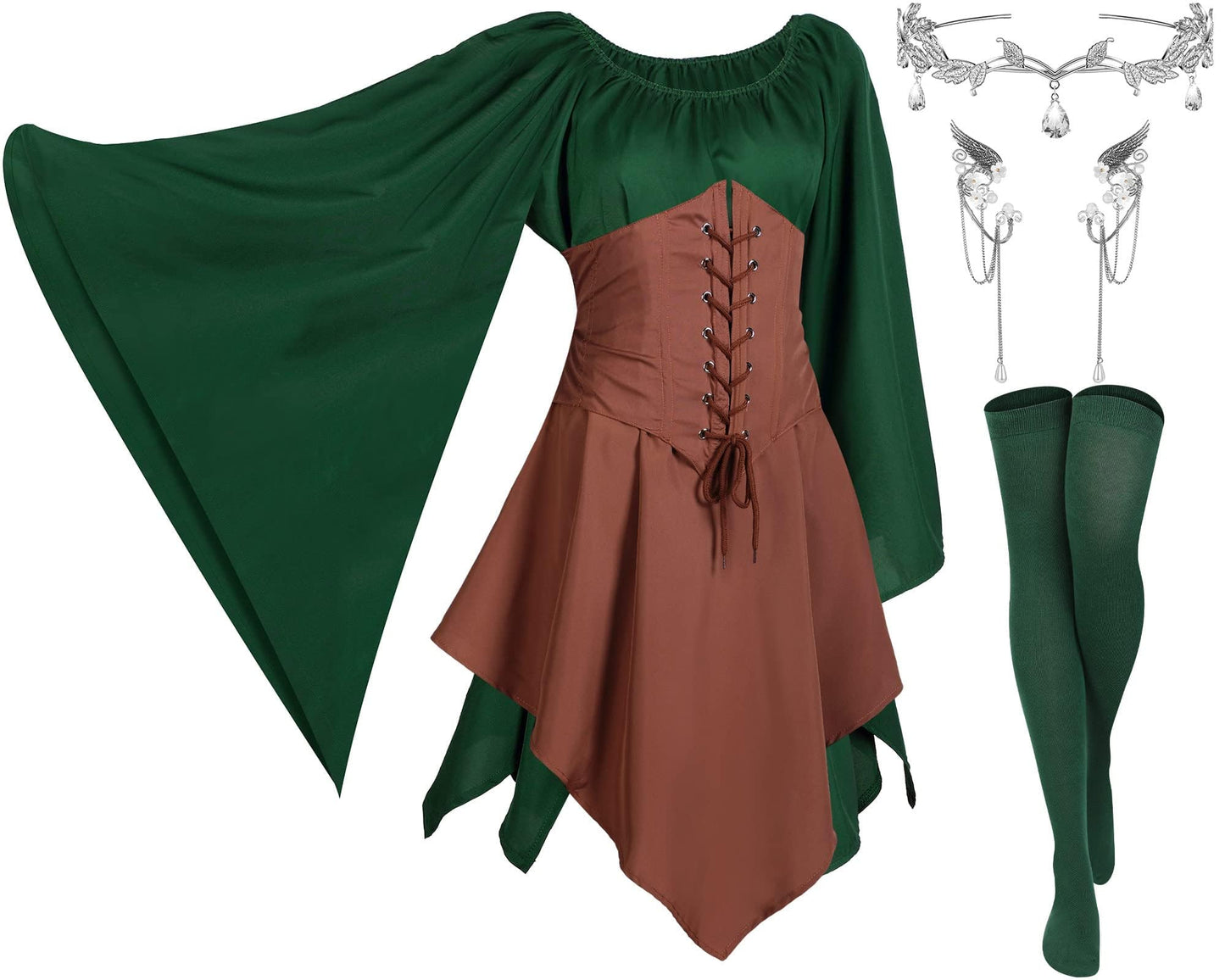 4 Pcs Women Elf Costume Renaissance Traditional Irish Dress Fairy Costume Elf Ear Cuffs for Women Halloween Cosplay Party Green, Brown 2X-Large