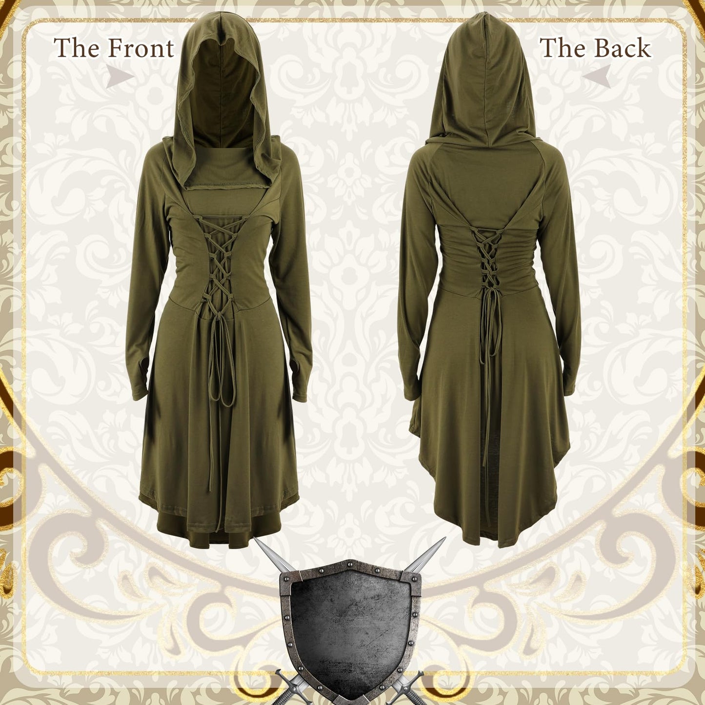 Toulite Women Halloween Renaissance Costume Hooded Dress Viking Belt Medieval Leather Drawstring Pouch Steampunk Belt (Army Green,X-Large) X-Large Army Green
