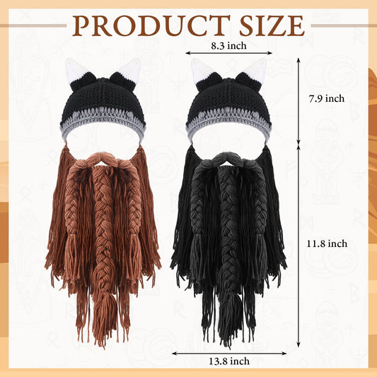 Xtinmee 2 Pcs Viking Horn Beard Hat Handmade Creative Knit Wig Mask Barbarian Facemask Beanie Knitted Winter Beard Caps Funny Ski Accessories for Adult Men Halloween Costume Black, Brown Warm
