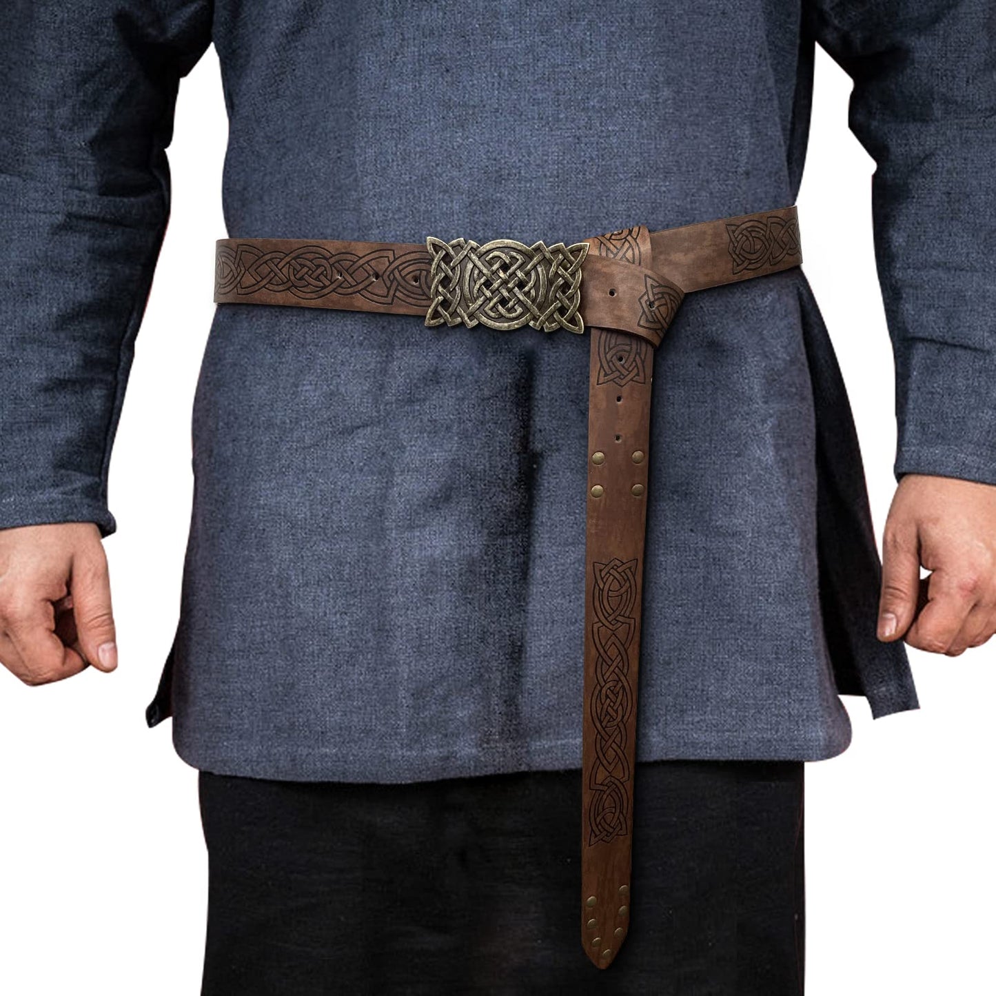 HiiFeuer Viking Embossed Buckle Belt, Nordic Faux Leather Knight Belt, Retro Medieval Warrior Belt for LARP Cosplay Halloween Brown B