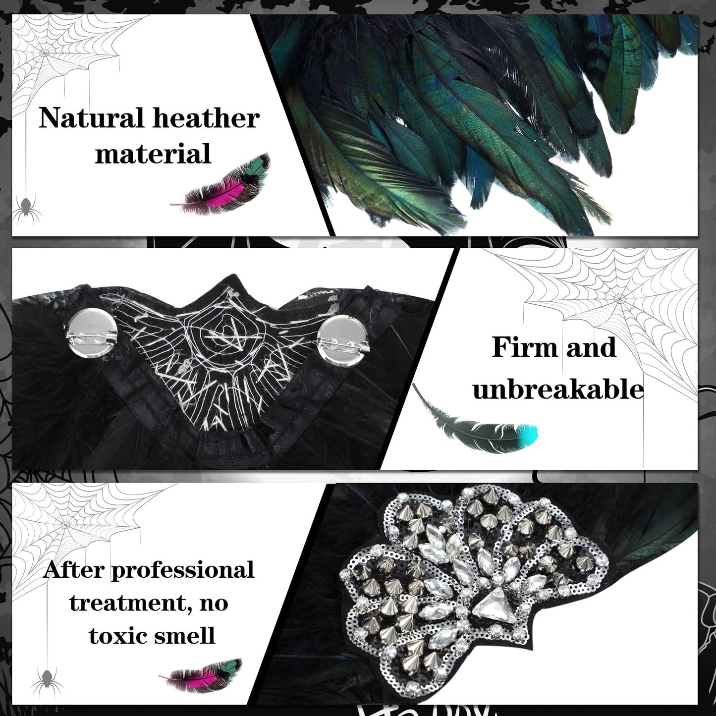 Ramede 4 Pcs Feather Epaulet Shrug Shoulder Strap Feather Cape for Bride Wedding Valentine's Day Angel Costumes Party Gift Black Feather With Beads