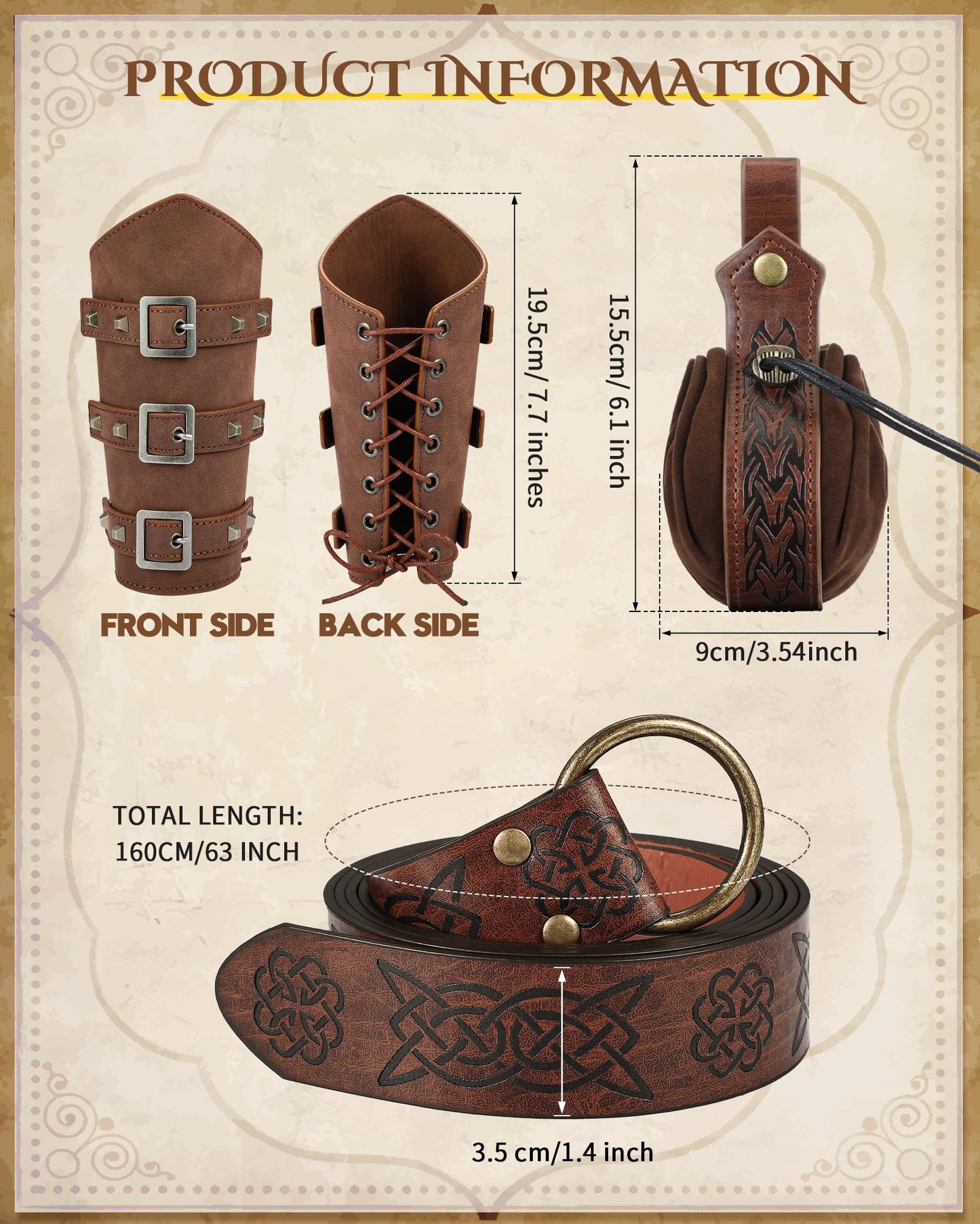 LEIFIDE Medieval Viking Belt Leather Belt Pouch Faux Leather Arm Guards Renaissance Accessories Viking Costume Leather Bracers Medieval Bag Knight Belt for Halloween Fair Cosplay Black Classic