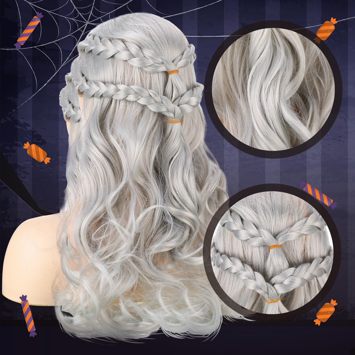 Tigeen 3 Pcs Halloween Silver Viking Wig Costume Sets for Women Includes Braided Silver Wigs Music Note Pendant Dragon Necklace Dragon Keel Chain Link Bracelet Dragon Jewelry Vintage Gift for Party