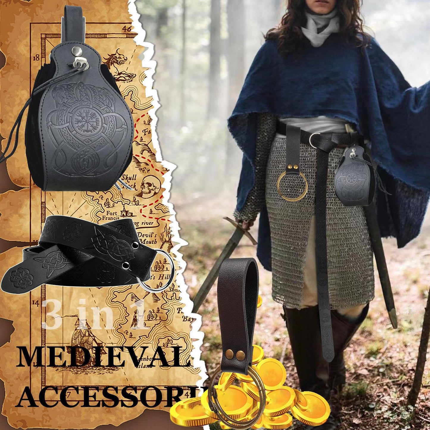 Belt Pouch Waist Bag 4PCS Retro Medieval Viking Bag Leather Belt Renaissance Halloween Festival Cosplay Costume Accessories (1-Black) 1-Black