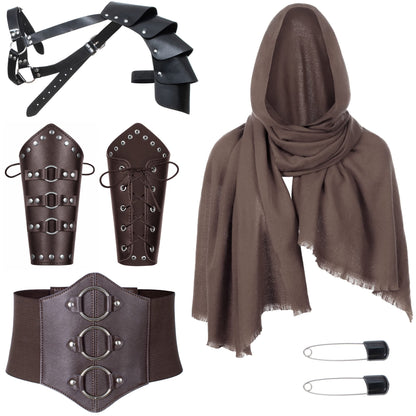 Medieval Knight PU Leather Corset Belt Shawl Men Renaissance Half Shoulder Cape Scarf Buckle Bracers Retro Accessories One Size Type1
