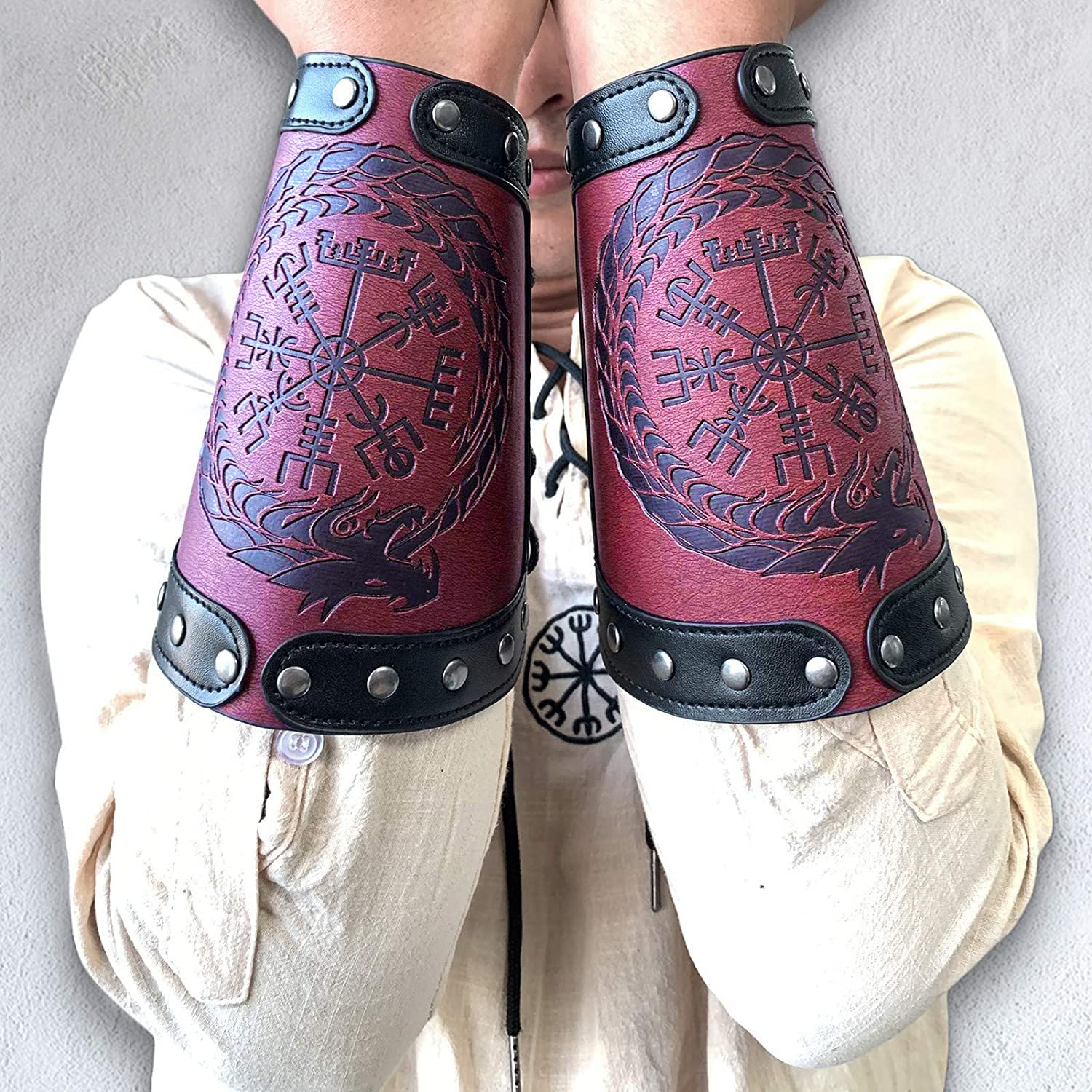  Stahlgilde 100% Genuine Leather Handmade Wrist Cuffs Bracers -  LARP Gauntlet - Real Leather Wristbands - Viking Cosplay Armor Bracelets –  Wolf Embossing Archery Armguard - Length 6 16wuc : Handmade Products
