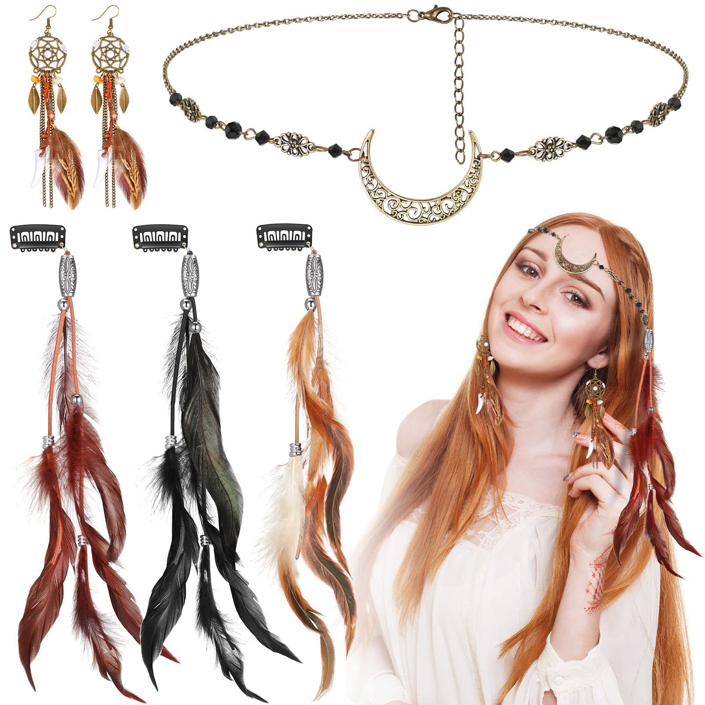 5 Pack Feather Hair Clips Boho Head Moon Chain Crystal Vintage Forehead Jewelry Witch Headpiece Hippie Comb with Long Tassel Feather Earrings Costume for Party Halloween Women (Mixed Color) Mixed Color